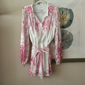 Emily Wonder Long Sleeve Floral Pink and White Romper with Self-tie Belt